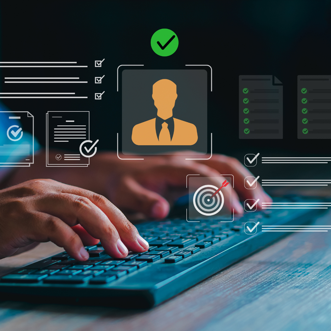 Hands typing on a keyboard with digital recruitment icons including a candidate profile, checklists, and a target symbol overlaid in the foreground