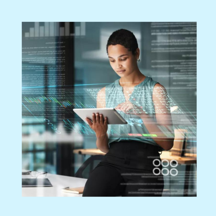 Black woman with tablet, erp overlay and charts, innovation in programming for future app technology.