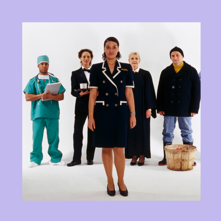 Image of five different professionals standing in line to represent different careers, such as doctor, waiter, flight attendant, judge, and farmer.
