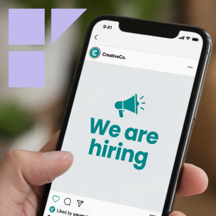 Hand holding a smartphone displaying a "We are hiring" social media post with a teal megaphone icon and engagement buttons