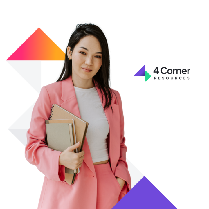 Professional female smiling next to the 4 corner resources logo