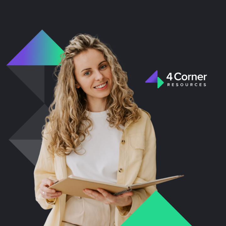 Professional female smiling next to the 4 corner resources logo