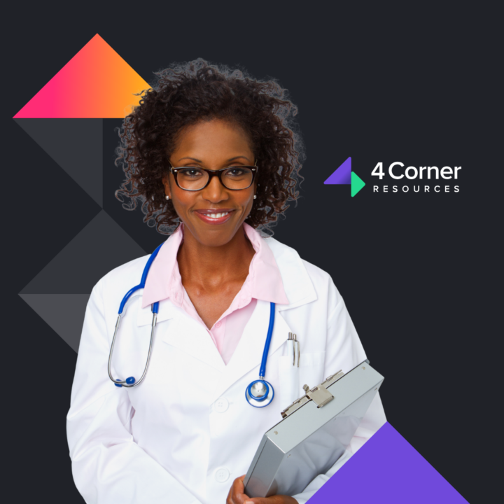 Female healthcare professional smiling next to 4 Corner Resources logo
