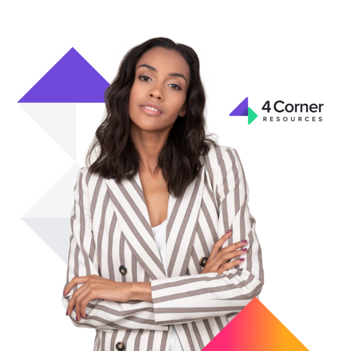 Professional female smiling next to the 4 corner resources logo