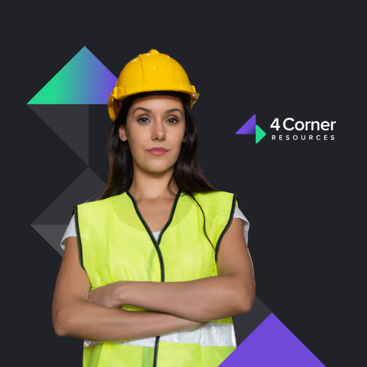 Professional female with hard hat smiling next to the 4 corner resources logo