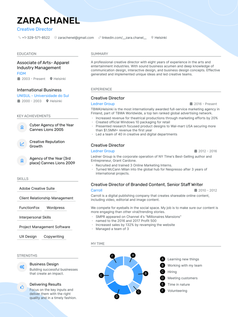 Creative resume example for a creative director: a blue two-column layout with soft graphics and a My Time donut chart showing how the week is spent.