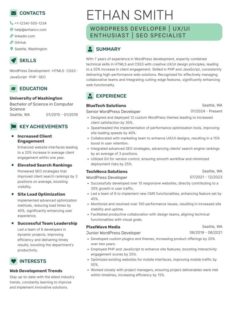 Creative resume example for a WordPress developer: a green two-column layout with icon section headers and a Key Achievements column highlighting quantified results.