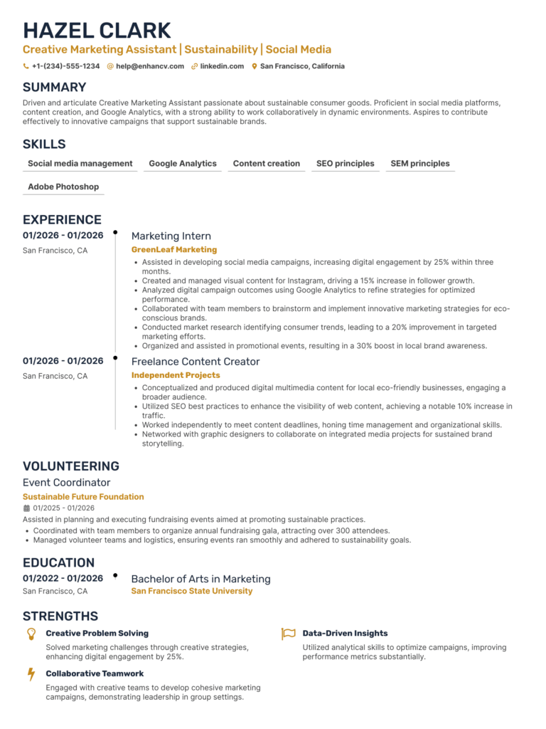 Creative resume example for a marketing assistant: a navy and gold single-column layout with a timeline of experience, tagged skills, and a strengths section.