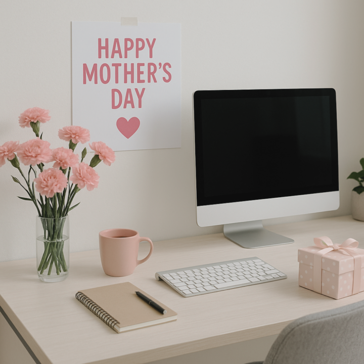 A modern, minimalist workspace decorated for Mother's Day, featuring a desktop computer, a pink gift box with a ribbon, a glass vase of pink carnations, a pink coffee mug, a notebook with a pen, and a “Happy Mother’s Day” sign on the wall above the desk.