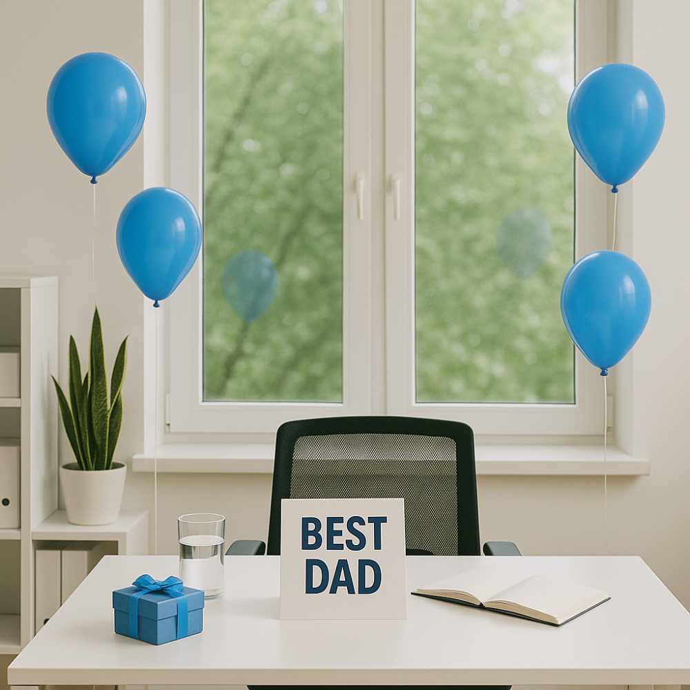 A modern office decorated for Father's Day with blue balloons, a "BEST DAD" sign, a wrapped gift box, and an open notebook on a white desk. A large window in the background lets in natural light, with green trees visible outside.