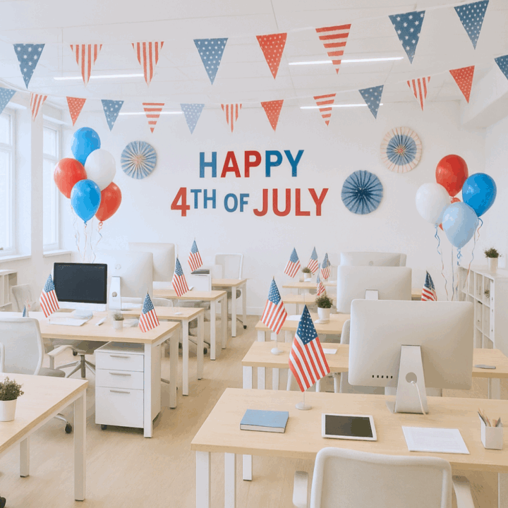 A bright, open-concept office decorated for the 4th of July with light colors. Rows of desks with computers are adorned with small American flags, red, white, and blue balloons, and patriotic bunting. Natural light floods the space through large windows, and a “Happy 4th of July” sign is displayed on the back wall.