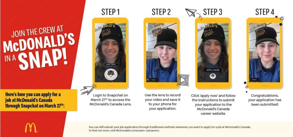 McDonald’s Canada job advertisement showing a four-step process to apply for a job using Snapchat. Steps include accessing a McDonald’s lens, recording a video, submitting the application through the career site, and receiving confirmation. The ad features smiling individuals wearing virtual McDonald's hats and uniforms on smartphone screens. Text reads “Join the crew at McDonald’s in a SNAP!”