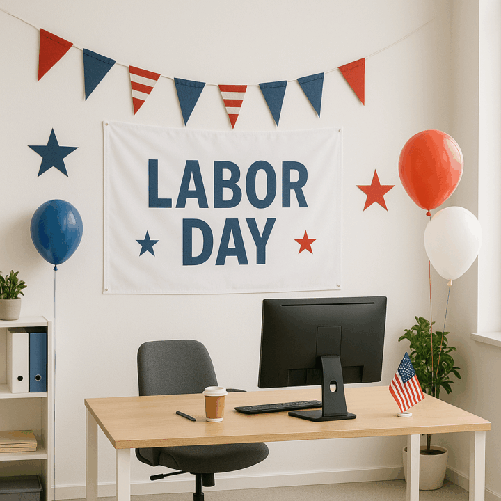 n office decorated for Labor Day with subtle red, white, and blue accents, including a 'Labor Day' banner, a few balloons, patriotic bunting, and a small American flag on a modern wooden desk with a computer and coffee cup.