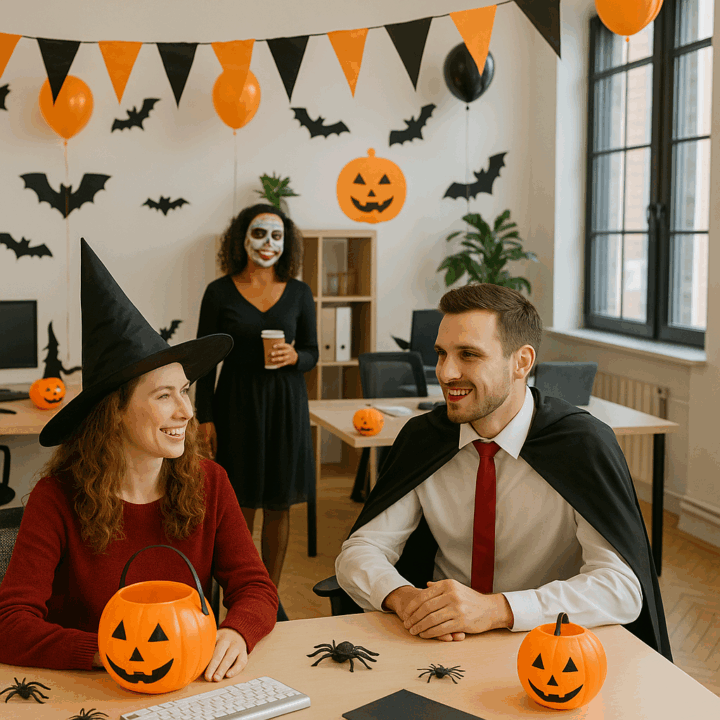 A modern office decorated for Halloween with orange and black banners, balloons, and jack-o’-lanterns. Three coworkers—one dressed as a witch, another as a vampire, and one with Day of the Dead makeup—smile and chat at their desks, creating a festive yet professional atmosphere.