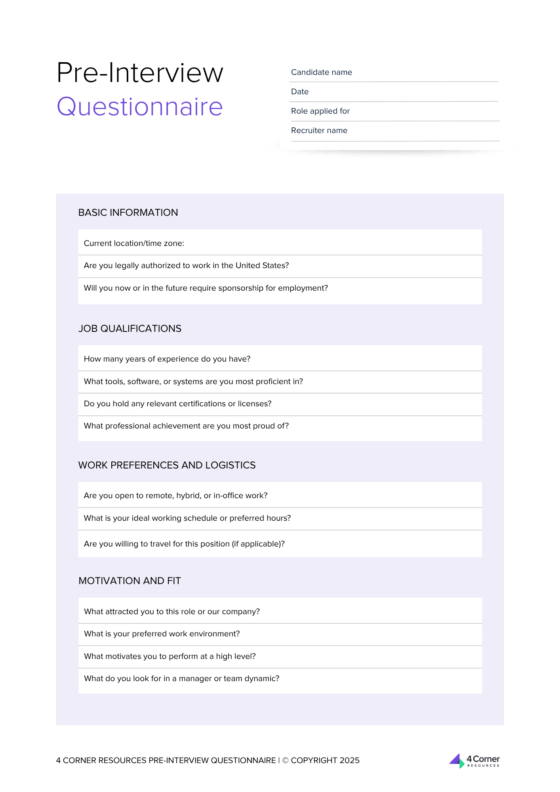 A printable pre-interview questionnaire form from 4 Corner Resources with sections for basic information, job qualifications, work preferences, and motivation and fit, designed to help hiring managers screen candidates efficiently before interviews.