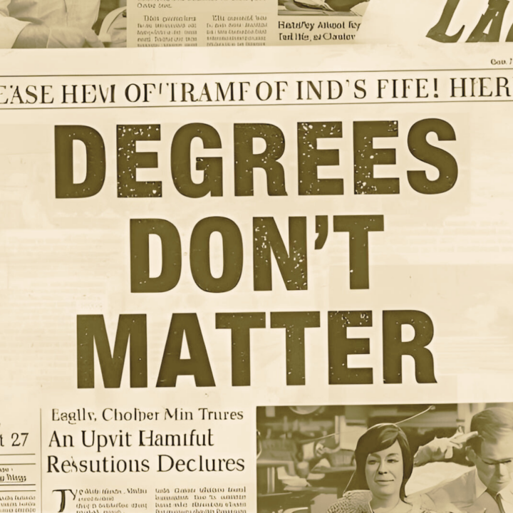 A vintage-style newspaper headline reading “DEGREES DON’T MATTER” in large, bold lettering, with smaller article text and a black-and-white photo beneath the headline.