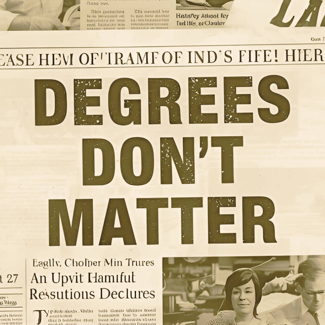 A vintage-style newspaper headline reading “DEGREES DON’T MATTER” in large, bold lettering, with smaller article text and a black-and-white photo beneath the headline.