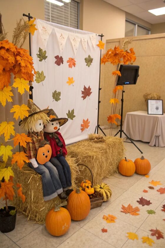 A cozy fall-themed photo booth setup featuring two scarecrow dolls sitting on hay bales surrounded by pumpkins, autumn leaves, and orange foliage. A white backdrop decorated with colorful leaves completes the festive Thanksgiving display.
