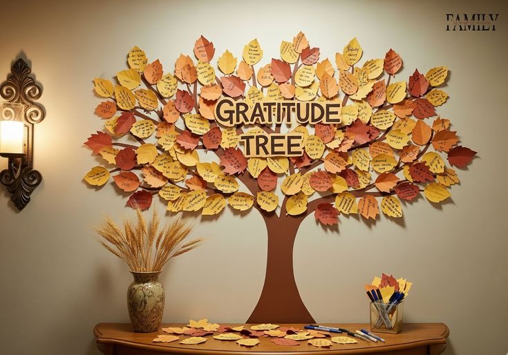 A colorful office “Gratitude Tree” wall display made of paper leaves in autumn shades of orange, yellow, and red, each featuring handwritten notes of thankfulness. The tree is mounted above a table with pens, extra blank leaves, and a vase of dried wheat for decoration.