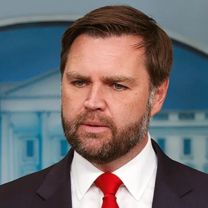 Vice President JD Vance, wearing a dark suit, white shirt, and red tie, standing in front of a blurred backdrop resembling a government building.
