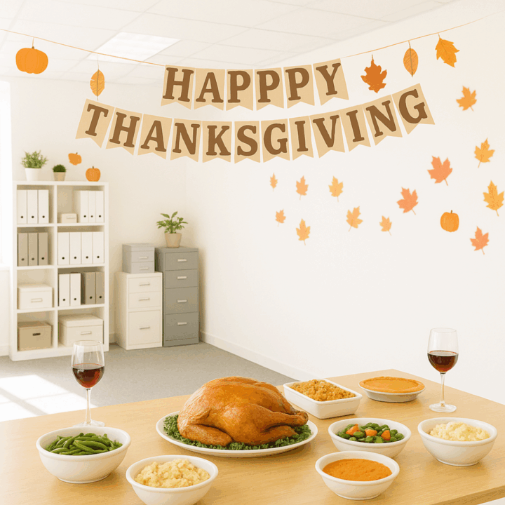 Bright, modern office decorated for Thanksgiving with a festive table spread featuring a roast turkey, mashed potatoes, vegetables, and pumpkin pie. A “Happy Thanksgiving” banner hangs above the table, and autumn leaves and pumpkins adorn the white wall, illuminated by natural sunlight streaming through large windows.