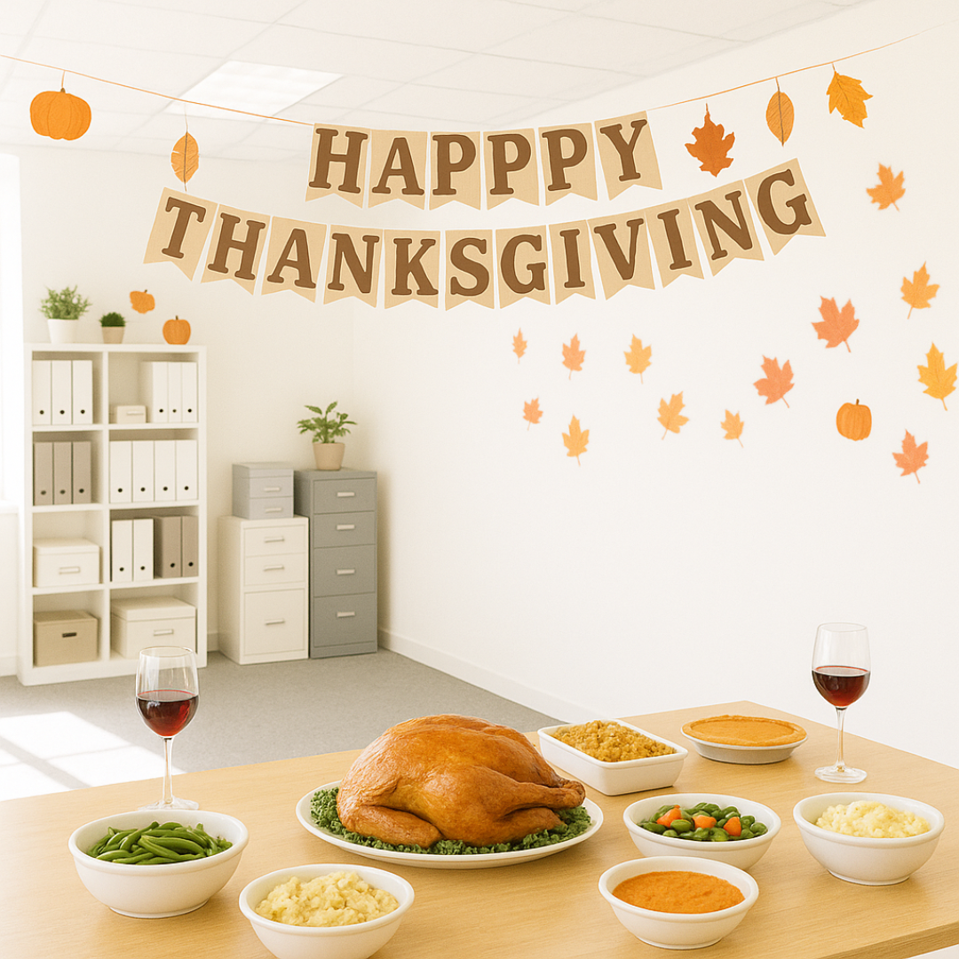 Bright, modern office decorated for Thanksgiving with a festive table spread featuring a roast turkey, mashed potatoes, vegetables, and pumpkin pie. A “Happy Thanksgiving” banner hangs above the table, and autumn leaves and pumpkins adorn the white wall, illuminated by natural sunlight streaming through large windows.