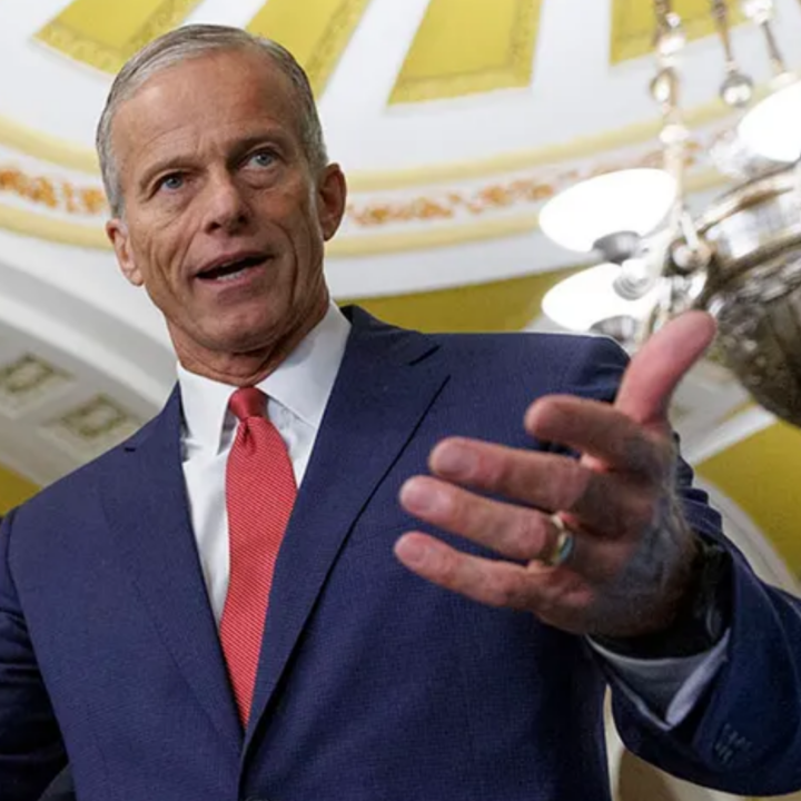 A congressman in a navy suit and red tie gestures with his hand while speaking indoors, with ornate gold detailing and ceiling lights visible in the background.