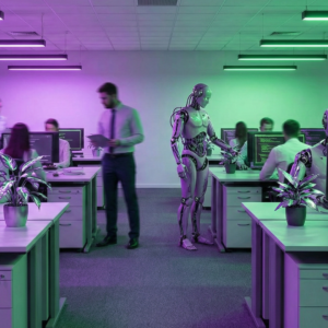 Humanoid robot working alongside employees in a modern office, with people coding at computers under purple and green lighting, representing AI integration in the workplace.