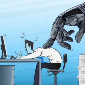Illustration of a stressed office worker slumped at a desk while a robotic hand presses down on their back, symbolizing anxiety and pressure caused by artificial intelligence in the workplace.