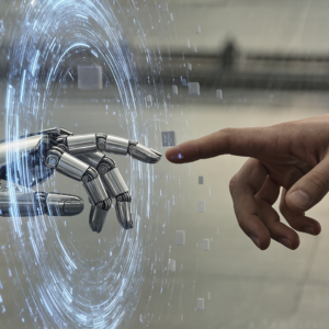 Human hand reaching toward a robotic hand through a digital interface, symbolizing the interaction between people and artificial intelligence and concerns about AI’s impact on jobs.