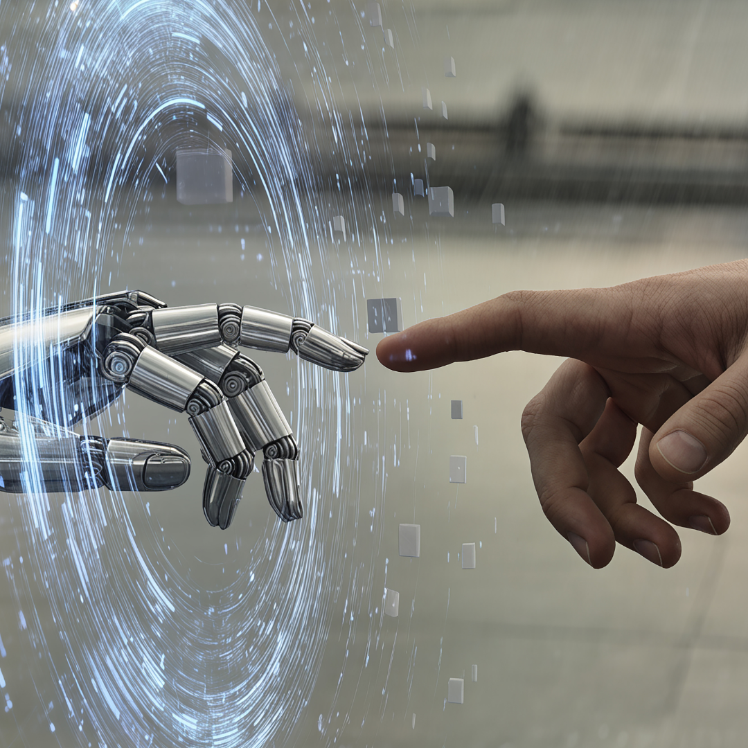 Human hand reaching toward a robotic hand through a digital interface, symbolizing the interaction between people and artificial intelligence and concerns about AI’s impact on jobs.