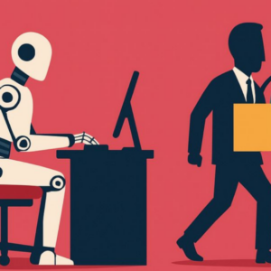 Illustration of a robot working at a desk while a human employee walks away carrying a box, symbolizing AI replacing human jobs or workplace displacement.