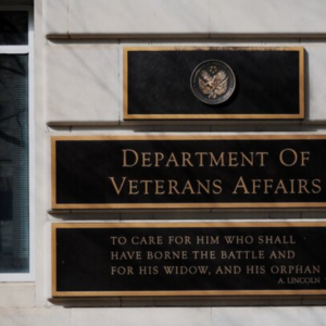 Exterior sign for the U.S. Department of Veterans Affairs building, representing a federal government agency and public sector employment.