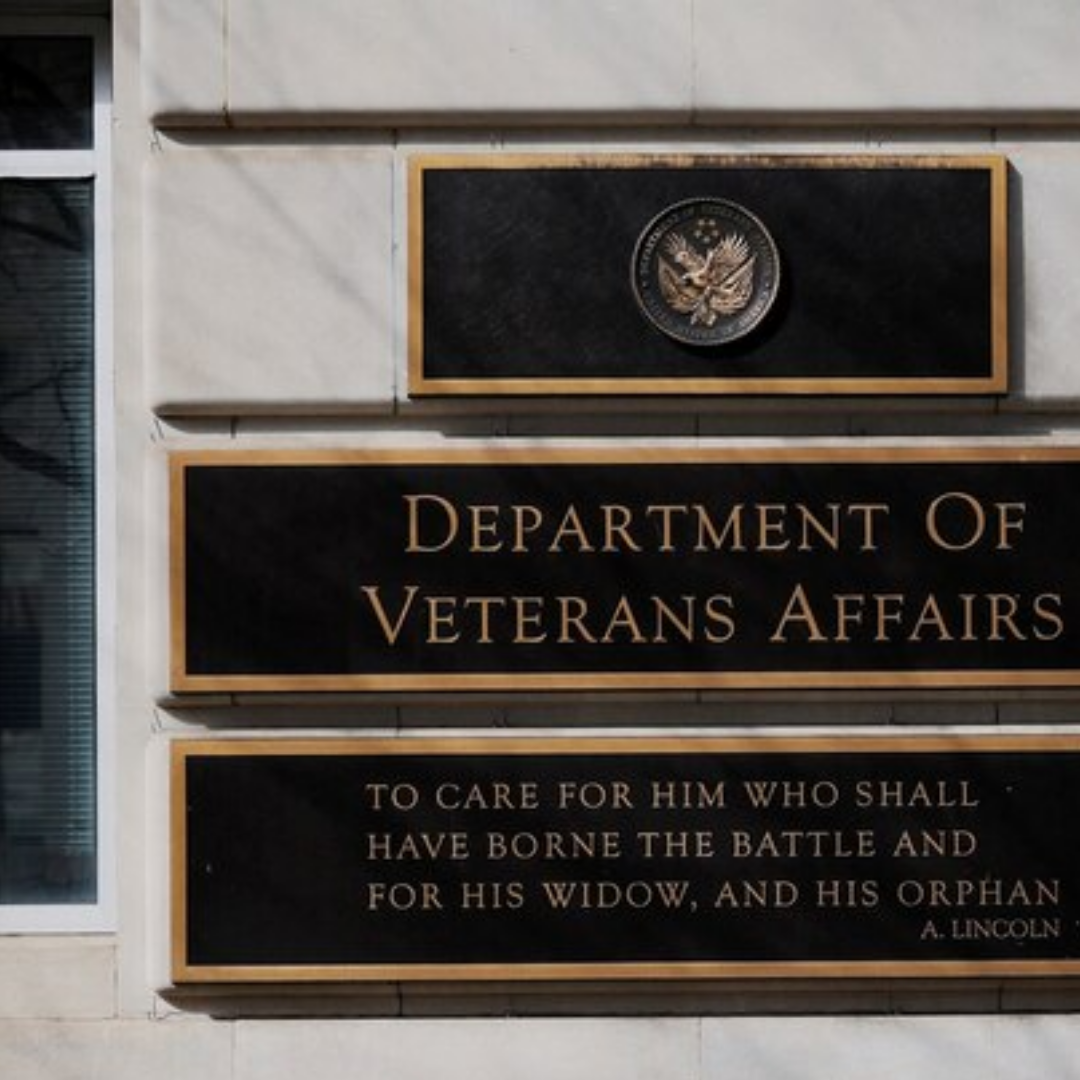 Exterior sign for the U.S. Department of Veterans Affairs building, representing a federal government agency and public sector employment.