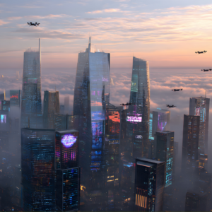 Futuristic city skyline at sunrise with glowing skyscrapers rising above clouds and multiple drones flying between buildings, representing advanced technology and possible future worlds.