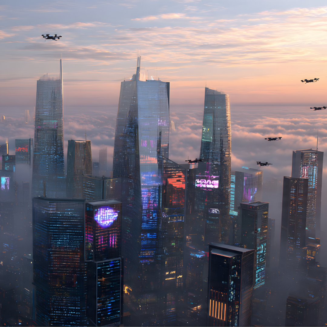 Futuristic city skyline at sunrise with glowing skyscrapers rising above clouds and multiple drones flying between buildings, representing advanced technology and possible future worlds.