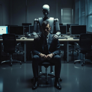 Humanoid robot standing behind a seated office worker in a dimly lit computer lab, hands on the worker’s shoulders