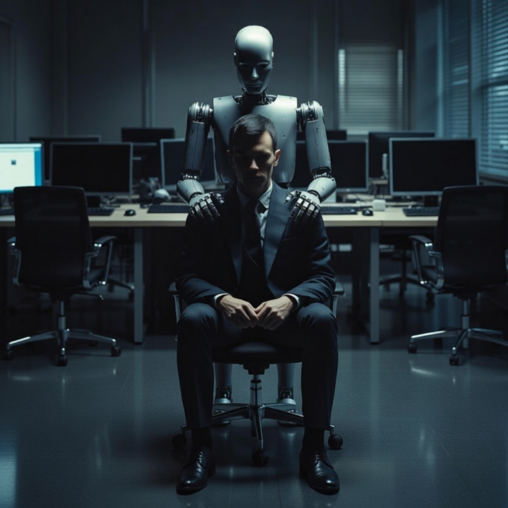 Humanoid robot standing behind a seated office worker in a dimly lit computer lab, hands on the worker’s shoulders