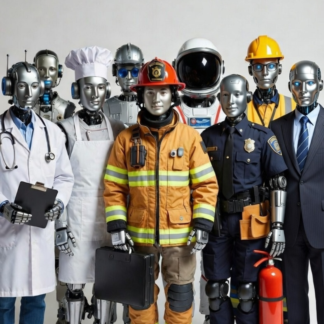 Group of humanoid robots dressed in various professional uniforms, including doctor, chef, firefighter, astronaut, police officer, construction worker, and business executive