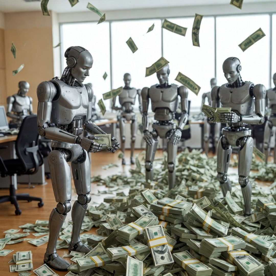 Group of humanoid robots in an office surrounded by piles of cash and falling dollar bills