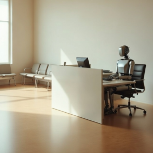 Humanoid robot sitting at an office reception desk in an otherwise empty waiting room