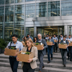 Group of employees exiting a modern office building carrying cardboard boxes with personal belongings, symbolizing workplace layoffs or job loss.