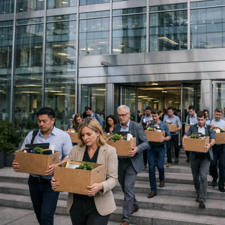 Group of employees exiting a modern office building carrying cardboard boxes with personal belongings, symbolizing workplace layoffs or job loss.