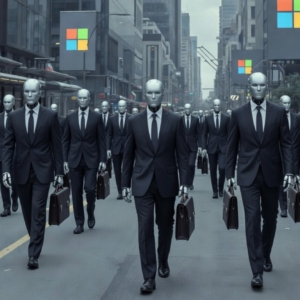 Group of humanoid robots in business suits carrying briefcases walking down a city street beneath Microsoft logos, symbolizing AI replacing office workers.