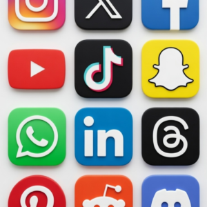 Grid of popular social media app icons including Instagram, X, Facebook, YouTube, TikTok, Snapchat, WhatsApp, LinkedIn, Threads, Reddit, and Discord.