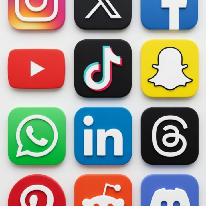 Grid of popular social media app icons including Instagram, X, Facebook, YouTube, TikTok, Snapchat, WhatsApp, LinkedIn, Threads, Reddit, and Discord.