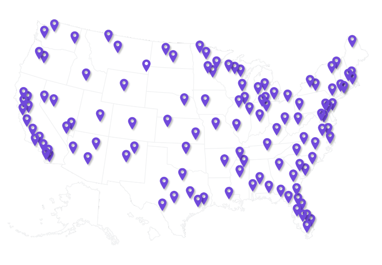 Map if the United States of America with purple location pins to showcase where 4 Corner Resources has recruited professionals