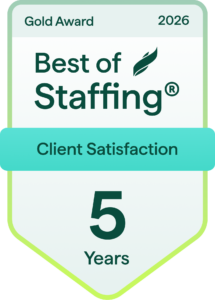 2026 Best of Staffing Gold Award badge for Client Satisfaction, featuring dark green text on a light gray shield-shaped badge with a teal banner across the middle and “5 Years” displayed at the bottom.
