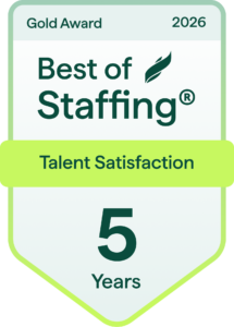 2026 Best of Staffing Gold Award badge for Talent Satisfaction, featuring dark green text on a light gray shield-shaped badge with a bright lime green banner across the middle and “5 Years” displayed at the bottom.