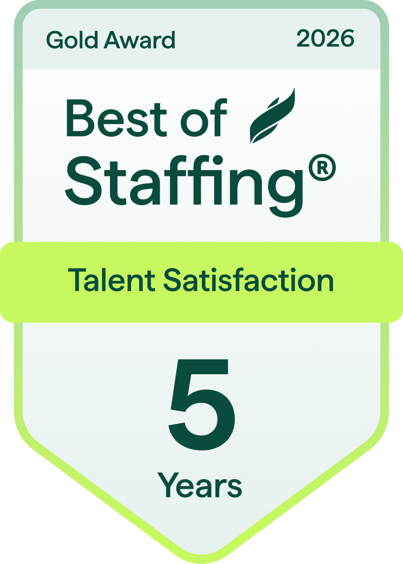 2026 Best of Staffing Gold Award badge for Talent Satisfaction, featuring dark green text on a light gray shield-shaped badge with a bright lime green banner across the middle and “5 Years” displayed at the bottom.